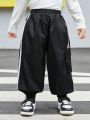 SHEIN Boys' Casual Loose Fit Contrast Side Stripe Elastic Cuffs Long Pants