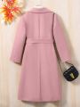 SHEIN Tween Girls Solid Color Lapel Collar Double Breasted Wool Coat With Waist Belt