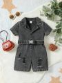 Baby Girl Ripped Button Front Belted Shirt Romper