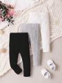 Infant Girls' Stretchy Base Pants Set, Can Be Worn Inside Or Outside, Simple And Stylish, Solid Color, Knitted Fabric, Fleece-Lined Textured Leggings