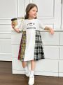 SHEIN Kids EVRYDAY Young Girl Knitted Color Blocking Plaid Dress With Loose Fit And Round Neckline