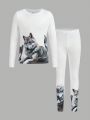 SHEIN Boys' Casual Round Neck Animal Printed Pullover And Tight Knit Pants, Homewear