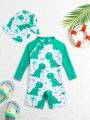 Baby Boy's Dinosaur Printed One-Piece Swimsuit With Cap