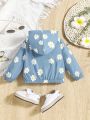 SHEIN Baby Girls' Casual Hooded Wind Jacket With Small Flower & Jeans Pattern