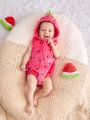 SHEIN Newborn Baby Girls' Strawberry Shape Sleeveless Hooded Romper
