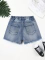 Girls' Casual Loose Fit Flower Printed Heavy Wash Ripped Denim Shorts With Frayed Hem