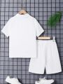 SHEIN Kids Academe Boys' Loose Fit College Style Turn-Down Collar Woven Short Sleeve Shirt And Shorts Set