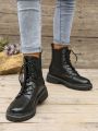 Women's Fashionable Round Toe Lace-up Plus Size Classic Boots, Black