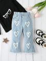 Baby Girls' Lovely Graffiti Heart Printed Flare Jeans