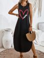 Heart & Letter Printed Dress With Asymmetric Hemline