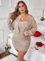 Plus Size Solid Color Sleeveless Sweater Dress And Cardigan Two Piece Set