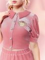 SHEIN X Cardcaptor Sakura Ladies' Cartoon Doll Collar Embroidery Top And Skirt Two Piece Set