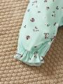 Baby Girls' Floral Print Ruffle Edge Jumpsuit With Bowknot Decor