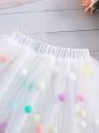 1pc White Mesh Skirt With Colorful Pom Poms For Girls' Street Style Casual Look, Summer