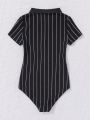 SHEIN Teen Girls' Knitted Striped Letter Print Sleeveless Jumpsuit With Lapel & V Neckline