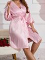 Plus Size Women's Casual Pink And White Striped Printed Belted Nightgown