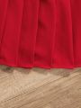 SHEIN Kids Y2Kool Girls' Sweet And Cool Daily Round-Neck Knitted Sweatshirt With Ruffle Hem Heart Print Red Skirt Set