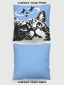 Rat Studio Cartoon Cute Cat Pattern Printed Double-sided Flannel Pillow Case With Blue Background, Suitable For Daily Home Decoration Sofa Cushion, Car Cushion And Pillow Cover Replacement
