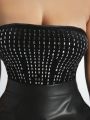 SHEIN PETITE Women'S Strapless Bodysuit With Rhinestone Embellishment