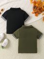 SHEIN 2pcs/set Toddler Boys' Striped Sleeve Hem Polo Shirt