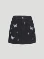 Teen Girls' Black Embroidered Stretch Denim Mini Skirt