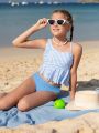 Tween Girls' Asymmetrical Ruffle Hem Striped Top And Briefs Tankini Swimsuit Set