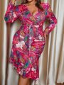 SHEIN Slayr Women's Plus Size V-neck Peplum Printed Belted Maxi Dress