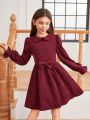 SHEIN Kids Y2Kool Girls' Sweet And Cool Everyday Knitted Doll Collar Long Sleeve Dress