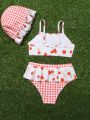Young Girl's Cute Strawberry Print Plaid Patchwork Swimsuit Set