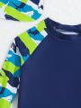Infant Boys' Color Block Shark Patterned Long Sleeve Rashguard Top And Shorts Swimwear Set With Swimming Cap
