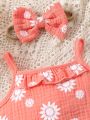 Baby Girls' Small Flower Printed Headband, Tank Top, And Shorts Set, Comfortable, Casual, Elegant, Romantic, And Cute, Spring/Summer