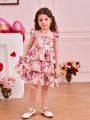 SHEIN Kids CHARMNG Young Girl Floral Print Mesh Insert Ruffle Trim Layer Hem Dress