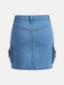 SHEIN Girls' Elastic Waist Mid-rise Regular-fit Casual Denim Skirt