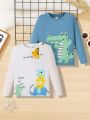 SHEIN Kids QTFun Toddler Boys' 2pcs/set Cute & Comfortable Cartoon Animal Pattern Long Sleeve Top