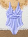 Big Girls V-neck Striped Print One-piece Swimsuit