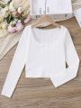 SHEIN Teen Girls' Knitted Ribbed Lace Splice U-neck Long Sleeve T-shirt