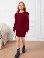 SHEIN Kids FANZEY Girls Pearls Beaded Puff Sleeve Form Fitted Dress