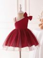 Infant Girls' One-shoulder Dress With Bow Decoration And Double-layer Design For Formal Occasion
