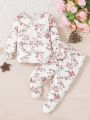 2pcs/Set Baby Girls' Floral Printed Long Sleeve T-Shirt And Pants Pajamas, Slim Fit