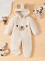 SHEIN Kids Nujoom Little Girls' Cartoon Embroidered Hooded Jumpsuit With 3d Ear Details