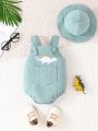 2pcs Baby Boys' Cute Dinosaur Embroidery Pattern Bodysuit With Hat, Summer Romper
