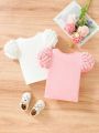 SHEIN 2pcs/Set Baby Girls' Casual Elegant Cute Puff Sleeve Top, Suitable For Spring And Summer Outings