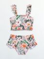 Little Girls' Floral Print Ruffled Swimsuit With Shoulder Straps
