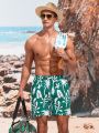 SHEIN Men'S Drawstring Waist Beach Shorts With Plant Print