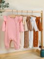 Baby Girls' 5pcs/Set Solid Color Jumpsuit With Ruffle Sleeves And Stripes Design, Cute Casual Outfits For Spring And Summer