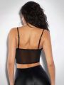 SHEIN BAE Women'S Black Mesh Delicate Rhinestone Chain Decorated Tight Bustier See-Through Sexy Cami Tank Top