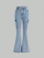 Teenage Girls' Casual And Fashionable Frayed Hem Flare Jeans, Water Wash