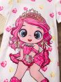 SHEIN Kids QTFun Young Girl's Cartoon Printed Puff Sleeve Dress