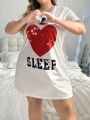 Plus Size Women'S Casual Sleep Dress With Slogan And Heart Print