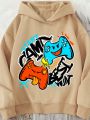 Boys' Casual Letter & Game Chicken Printed Long Sleeve Hooded Fleece Sweatshirt, Suitable For Autumn And Winter